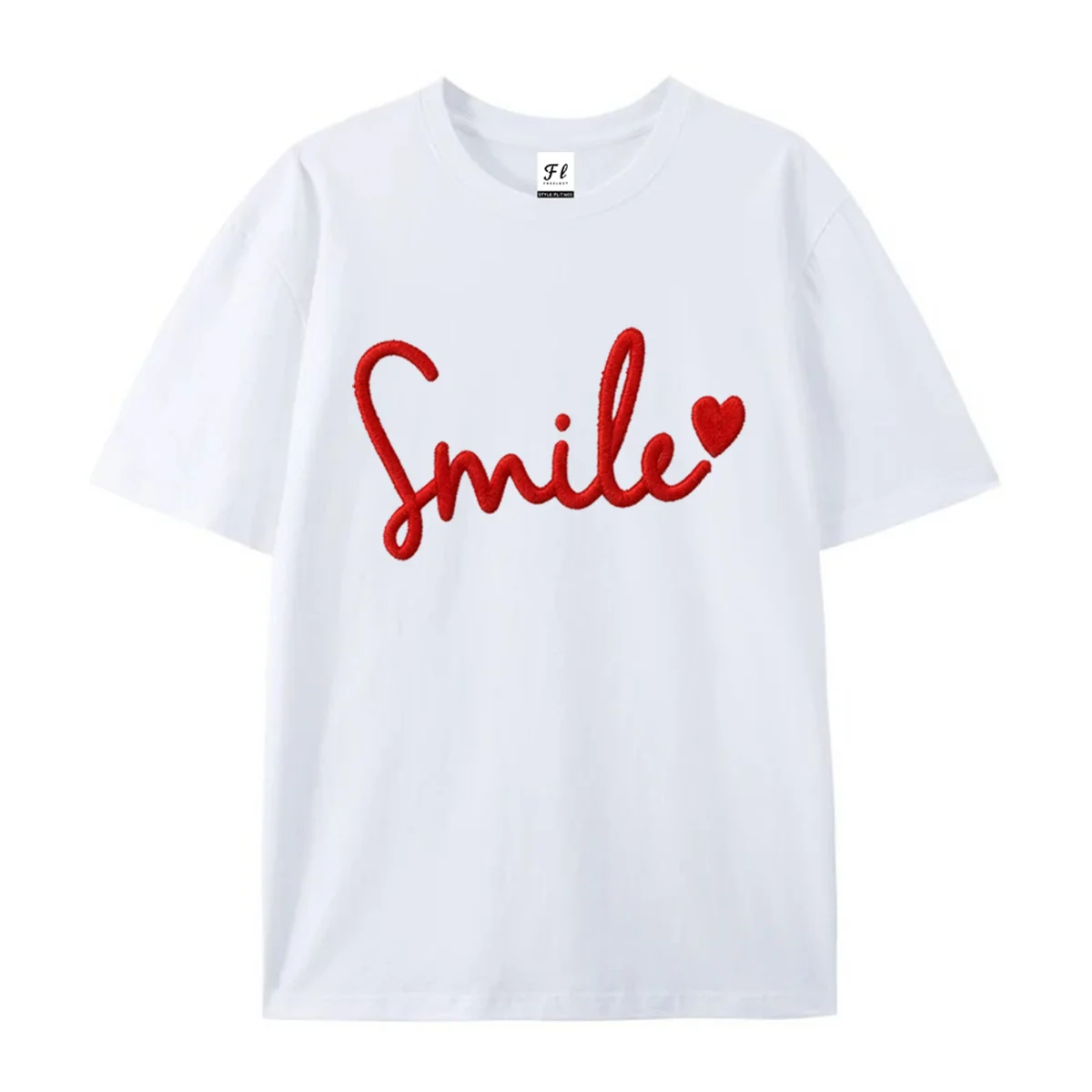 Women Smile Letter With Small Heart Print Short Sleeve T Shirt Simulated Embroidery Slogan Graphic Tee Casual Summer Cotton Tops