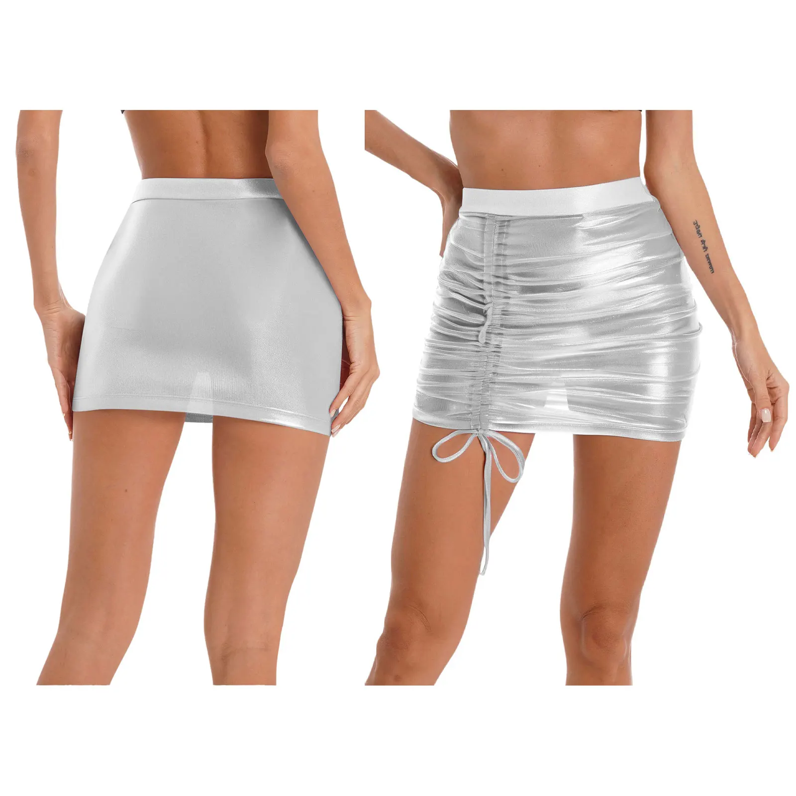 

Summer Women Sexy See Through Skirt Sheer Sparkly Metallic Drawstring Short Mini Skirt for Beachwear Cover-Up Bar Nightclub Wear