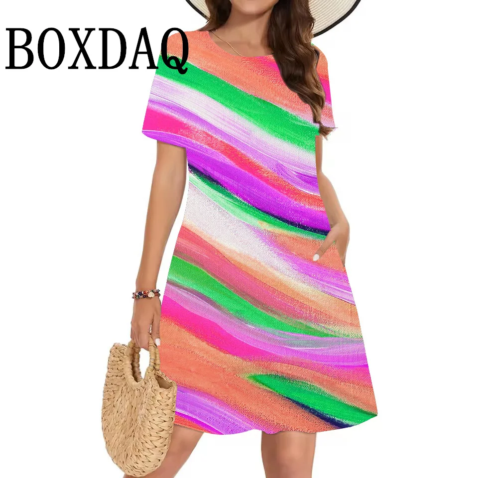 Short Sleeve Dress 2025 Women'S Fashion Casual O-Neck Clothing Loose Gradient Striped Printed Dress Ladies Pockets Short Dresses