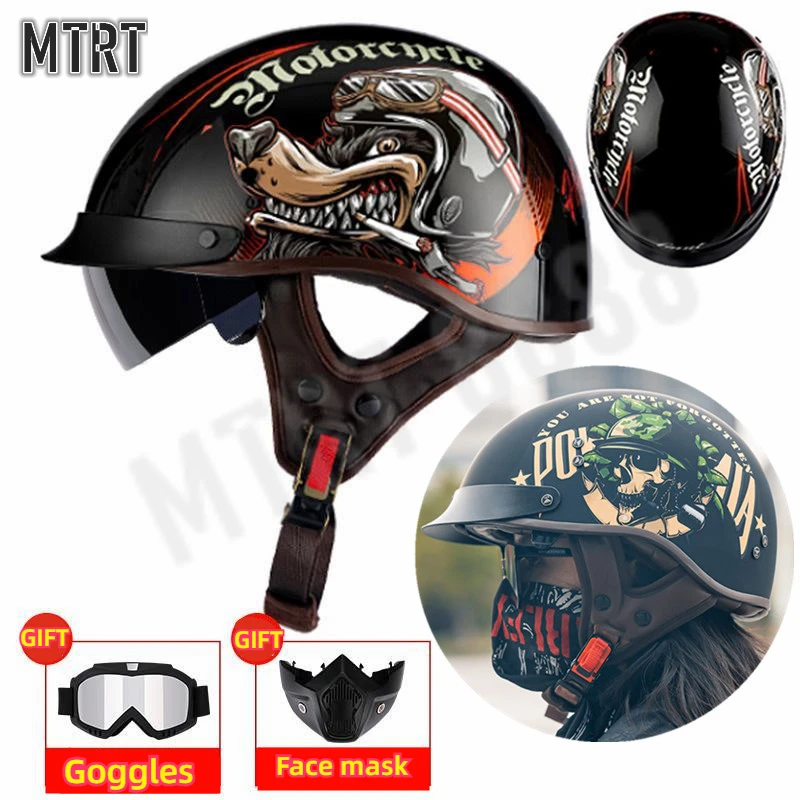 VDAY Retro Style Motorcycle Half Helmet ABS+Cotton Plastic Cap- Bright Black for Motorcyclist Biker Ridder Universal Washable