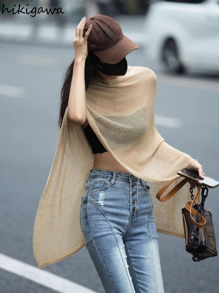 Fashion Pullovers 2024 Women Clothes Y2k Tops Sueter Mujer Korean Jumper See Through Sexy Pull Femme Irregular Knit Thin Sweater