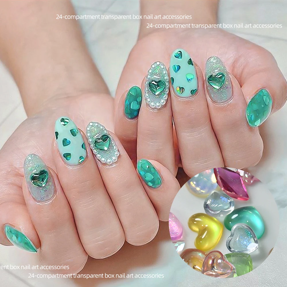 600 pçs glitter aurora coração 3d encantos da arte do prego 24 combos misturado colorido coração resina prego strass decoração diy suprimentos de unhas