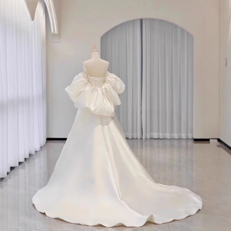 White French Style High-End Dress Off-Shoulder Puff Sleeve Light Main Wedding Dress New Bride Exit Veil Reception