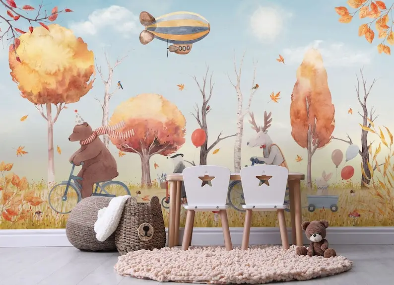 Kids Wallpaper Peel and Stick Cute Winter Animals with Zeppelin Wall Mural