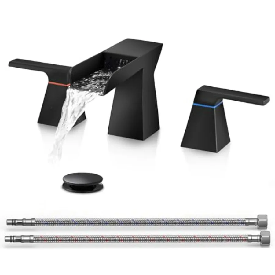 

Матовый черный смеситель для ванной комнаты с 3 отверстиями, двумя ручками, для раковины, широкоугольный, 8 дюймов, с эффектом водопада, со шлангами подачи воды, устойчивый к загрязнениям