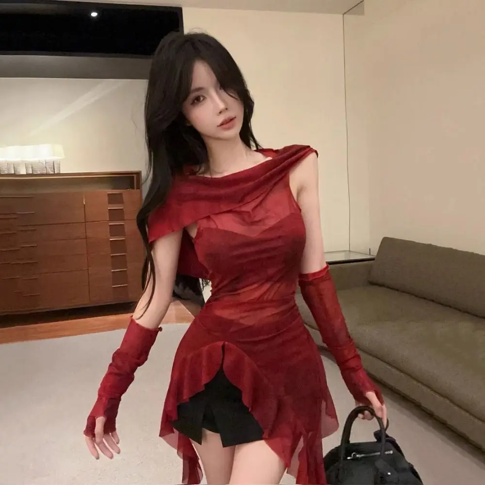 Y2K تيز كشكش كم طويل قميص شبكة الشارع الشهير خمر القوطية مقنعين ساحة العنق تصميم مع الأكمام بلوزات طويلة الأكمام #4