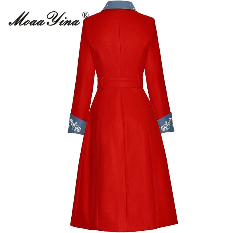 MoaaYina Fashion Runway Autumn and Winter Women's Coat Turn-Down Collar Long Sleeved Embroidery Single-breasted Lace-Up Overcoat