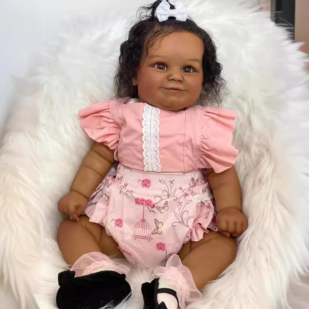 24Inch African American Doll Maddie Girl Dark Skin Reborn Toddler Baby Finished Newborn  Rooted Hair Handmade Toy Birthday Gift