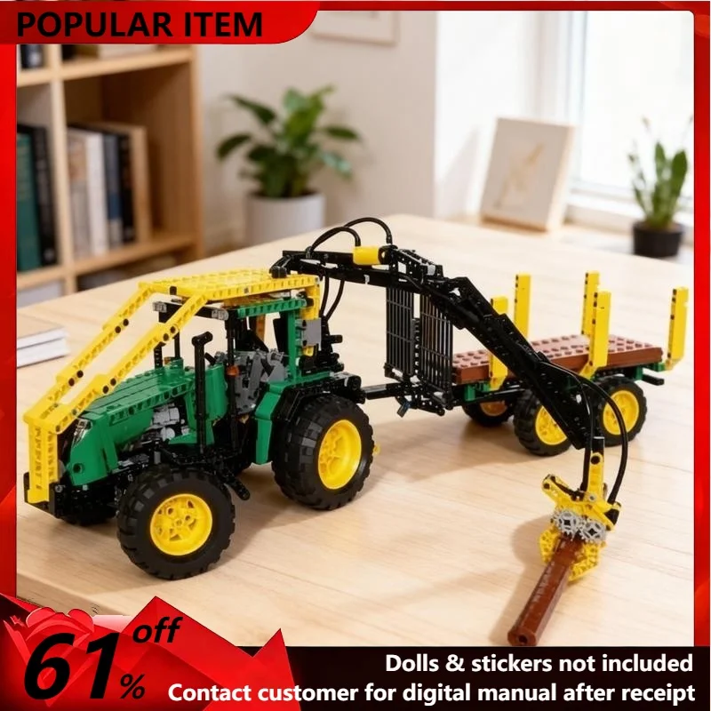 1000PCS MOC Logging Tractor With Lifting Crane And Cargo Trailer Engineering Vehicle Model Building Blocks DIY Assembly Gifts