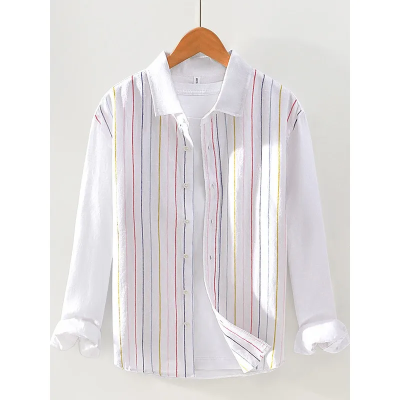 

Vertical Stripes Long Sve Pure Linen Men's irt Autumn New Sle Trendy Breathable Casual Linen Jaet Coat