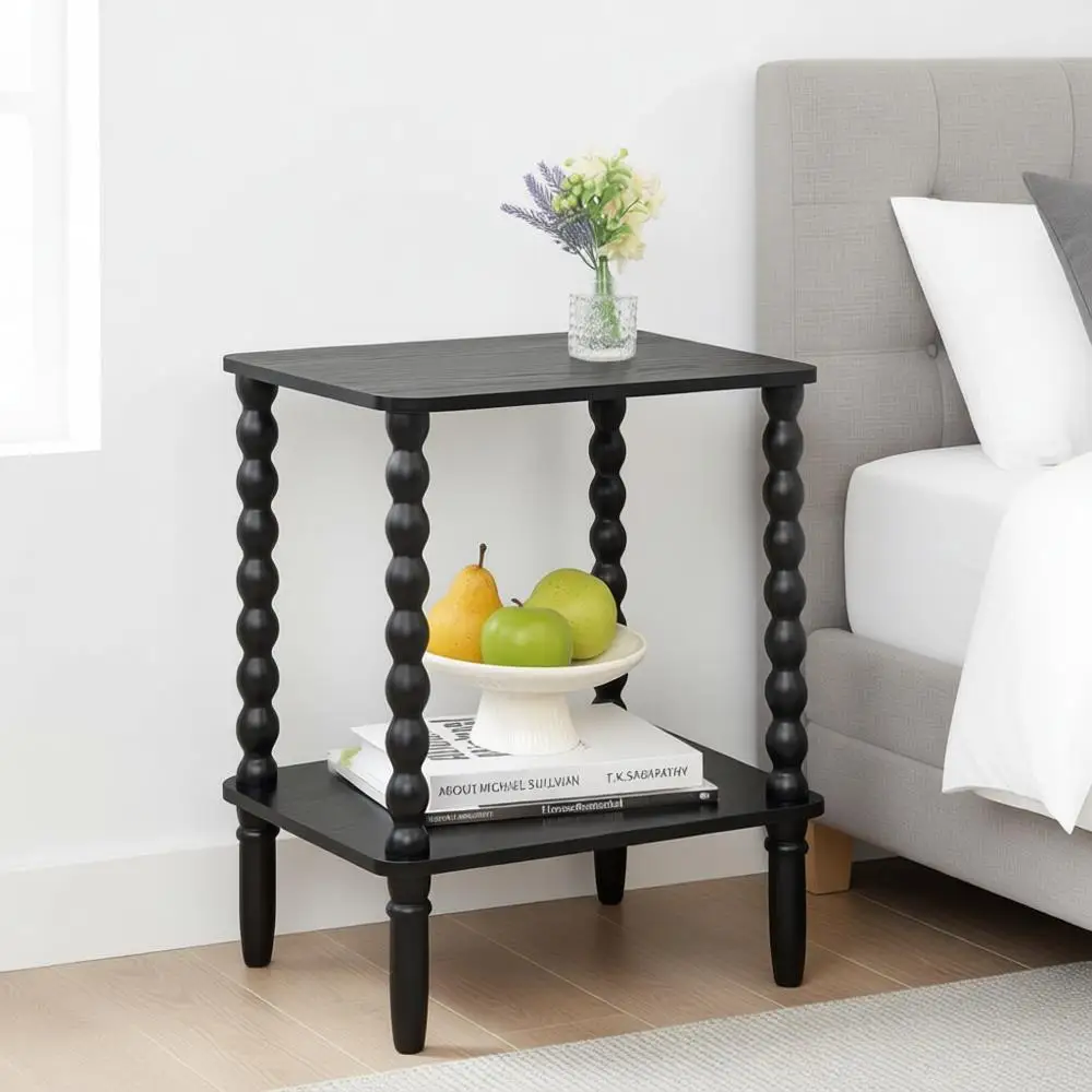 

Small End Table with 2-Tier Shel, Vintage Night Stand for Bedroom Living Room, Small Spaces (Black)