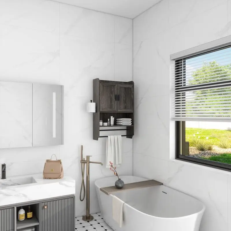 خزانة تخزين الحمام فوق المرحاض مع أبواب، ورف قابل للتعديل، وقضيب المناشف وحامل الورق، ولمسة نهائية رمادية