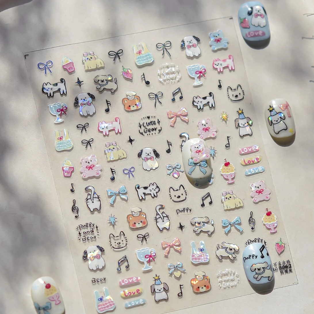 Graffiti ours chat chaton chien chiot nœud papillon gâteau tulipe Note étoile cerise tasse adhésif Nail Art décoration autocollant manucure décalcomanies