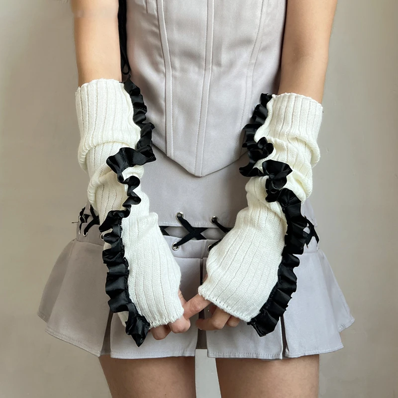 مرونة لينة طويلة الكشكشة أكمام أذرع تبريد أبلى عارضة الزخرفية متماسكة أصابع قفازات السيدات حزب الملحقات