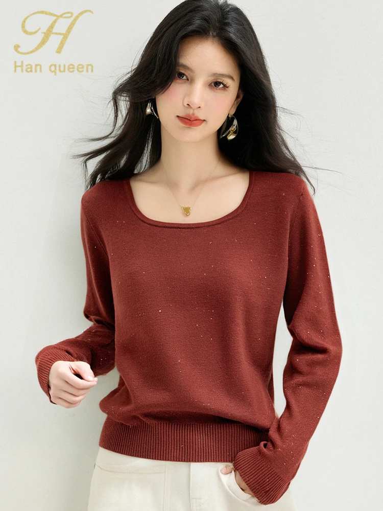 

H Han Queen 2025 Autumn Winter Woman Clothing Pullovers Korean Simple Basic Long Sleeve Loose Vintage Sweaters Casual Women Tops