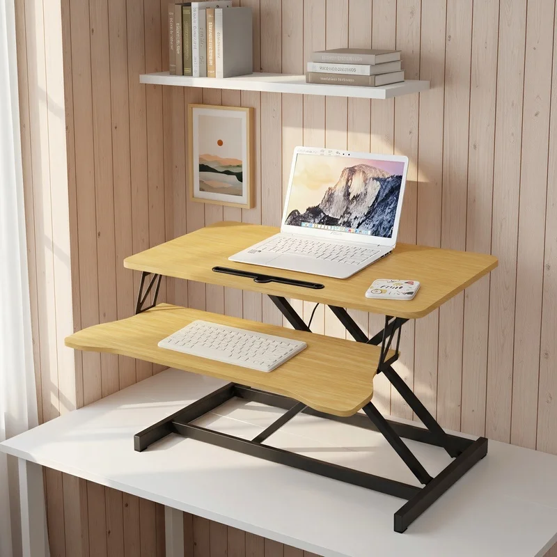 32 Inch Adjustable Standing Desk Converter with Dual Monitor Stand and Wide Keyboard Tray, Natural Finish