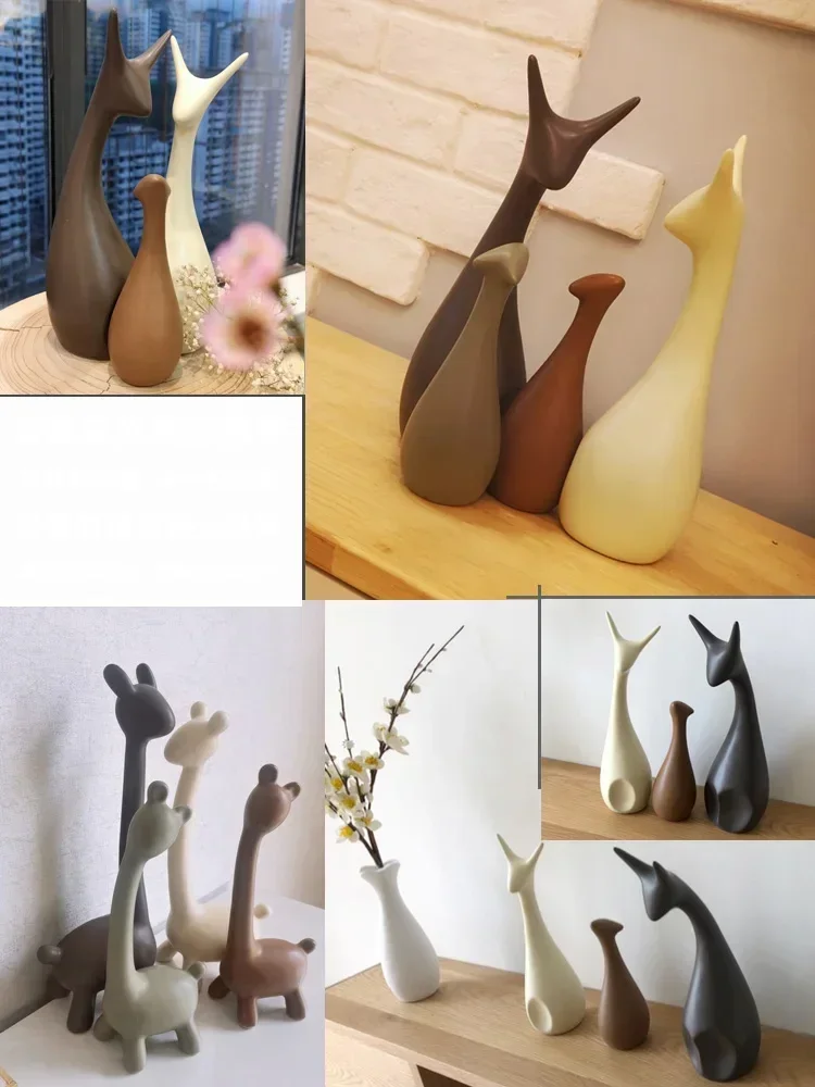 Nordic Gray Cute Deer Rabbit Elephant Ceramic Adornments Cabinet Store Bar Figurines Decoration Home Livingroom Sculpture Crafts