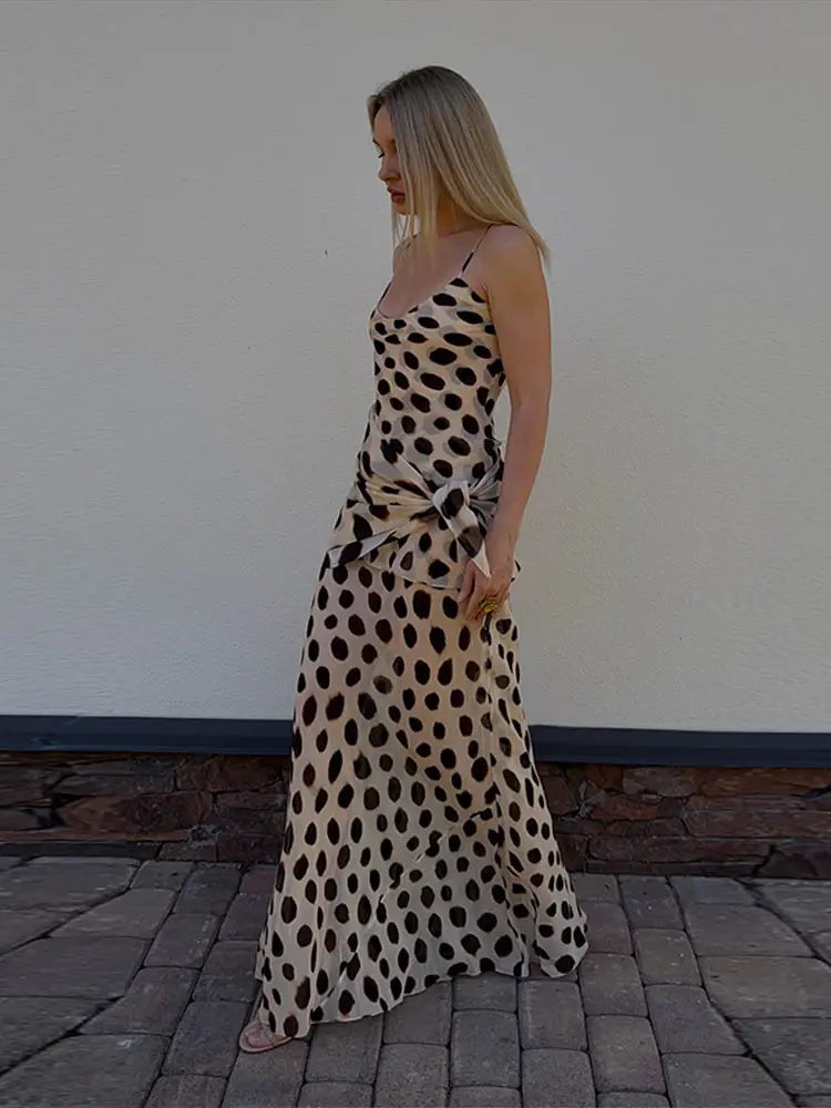 Leoparden-Muster Abnehmbarer Schal Slip Langes Kleid Damen Sexy Spaghetti-Träger V-Ausschnitt Ärmellos Rückenfrei Schlankes Abendkleid Schickes Vestido – Detail 7