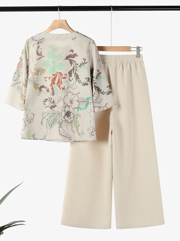 ZANZEA 2 STUKS Zomer Broek Past Vrouwen Gedrukt Bijpassende Sets 3/4 Mouw Bloemen Blouse Wijde Pijpen Broek Sets Casual losse Outfits