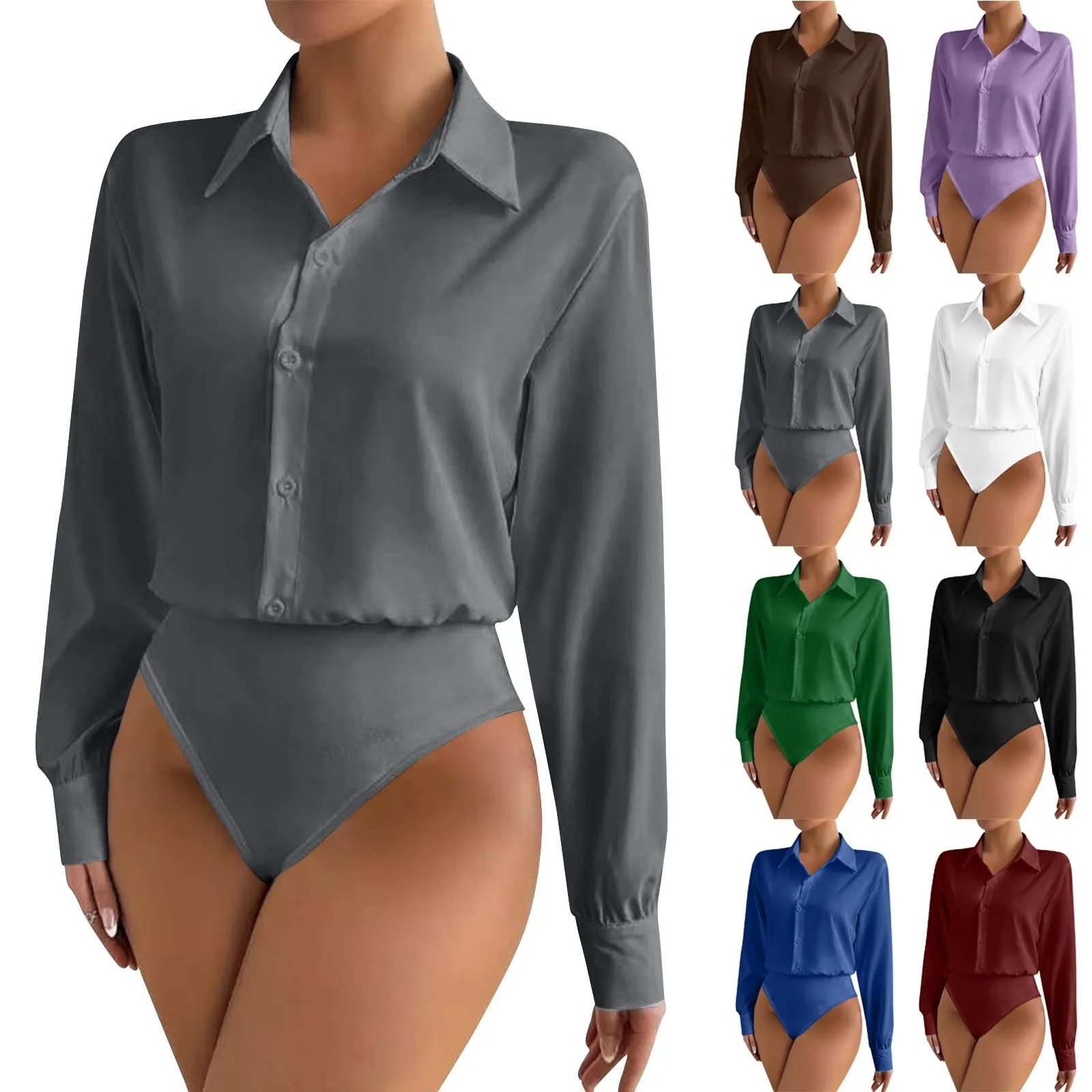 Damen Satin-Hemdbluse mit Oversized-Reverskragen, Knopfleiste, Langen Ärmeln, Seidiger Bluse-Body, Elegantes Büro-Outfit, Jumpsuit-Oberteil – Detail 2