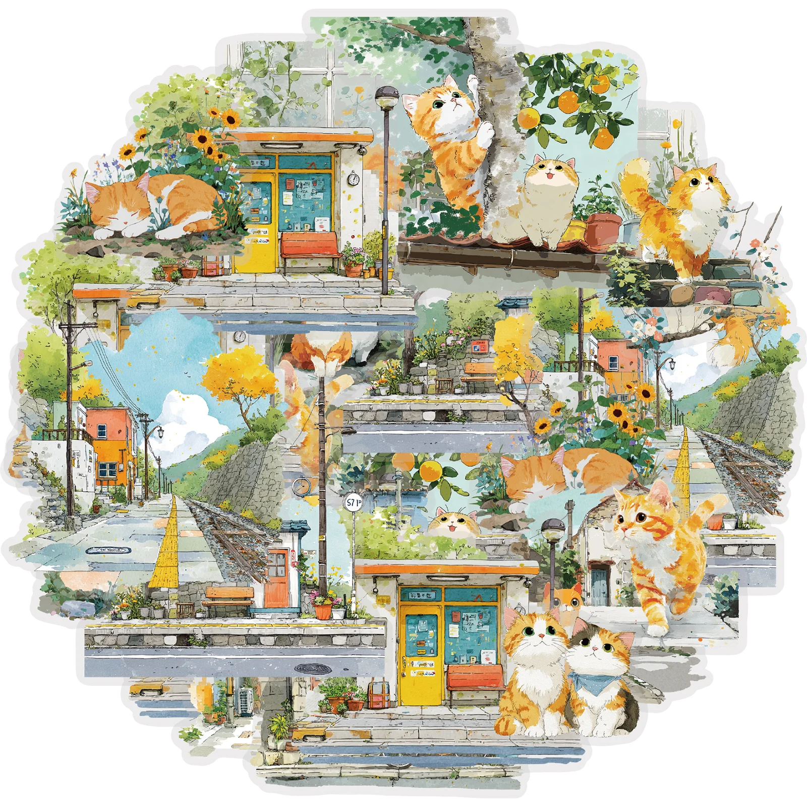 Etori Life Small Town Life Orange Cat Ländliche Landschaftsaufkleber 15 Stück Tagebuch-Dekorationsaufkleber für Laptops, Fotoalben, Telefonaufkleber, Schreibtischdekorationszubehör, Scrapbook-Zubehör,