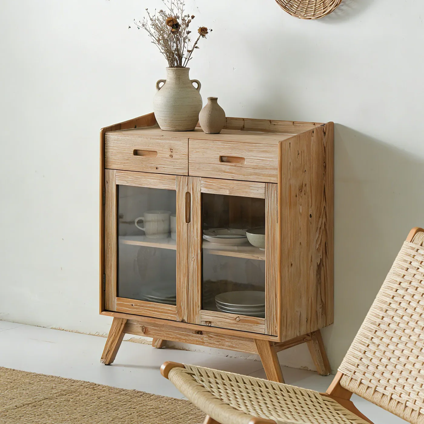 B & B retro glass door dining side cabinet wabi wind kitchen dishes storage locker American solid wood tea cabinet