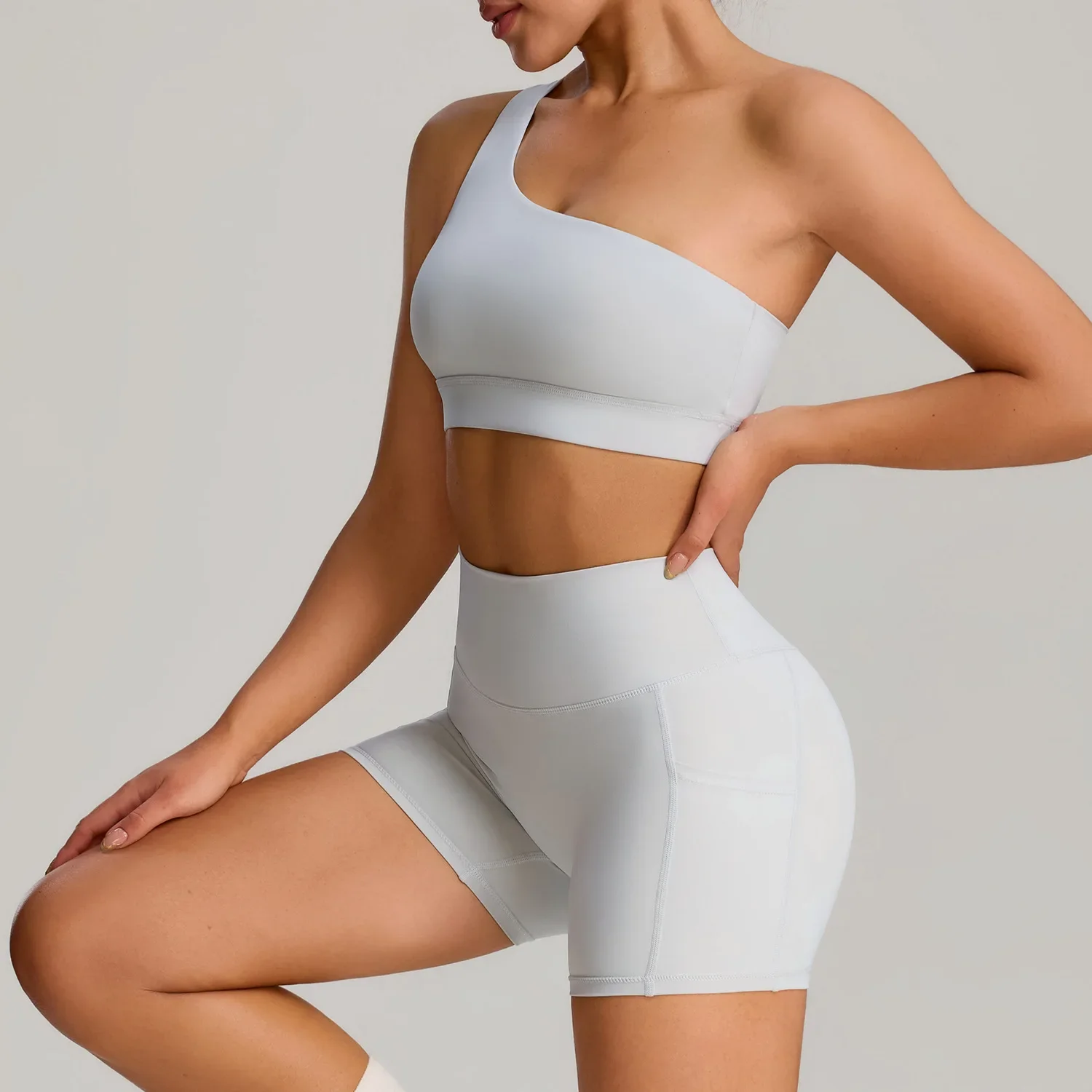 2PCS Workout Yoga Set One Shoulder Sports Bra + Shorts Leggings 2PCS Set Women Gym Tracksuit Fitness Running Active Wear Suits