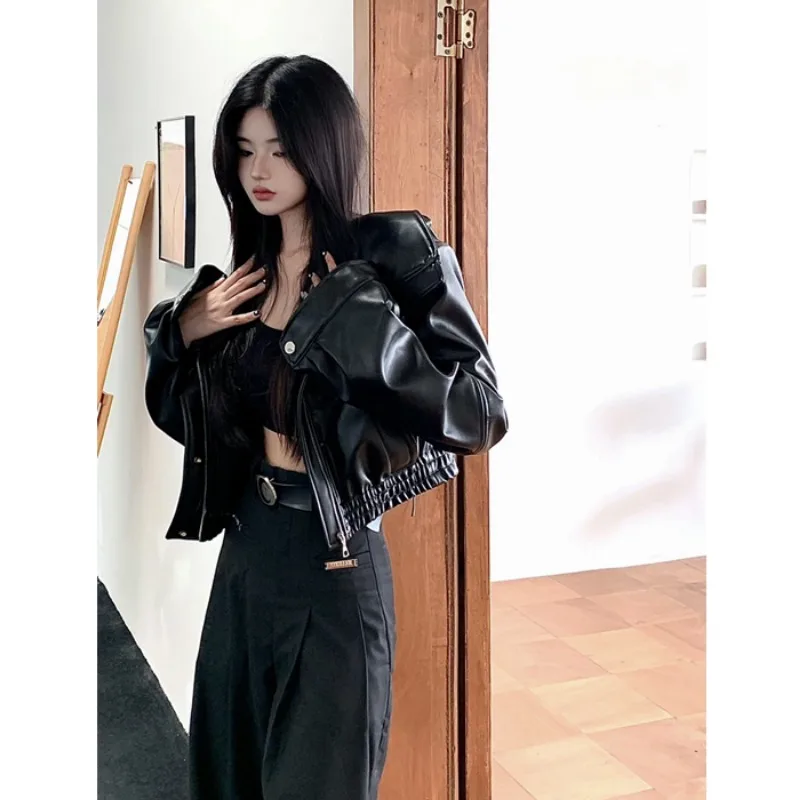 Black Leather Coats High Waist Stand Collar Short Length Techwear Punk Style Jackets Y2k Street Fashion Women Outerwear Tops