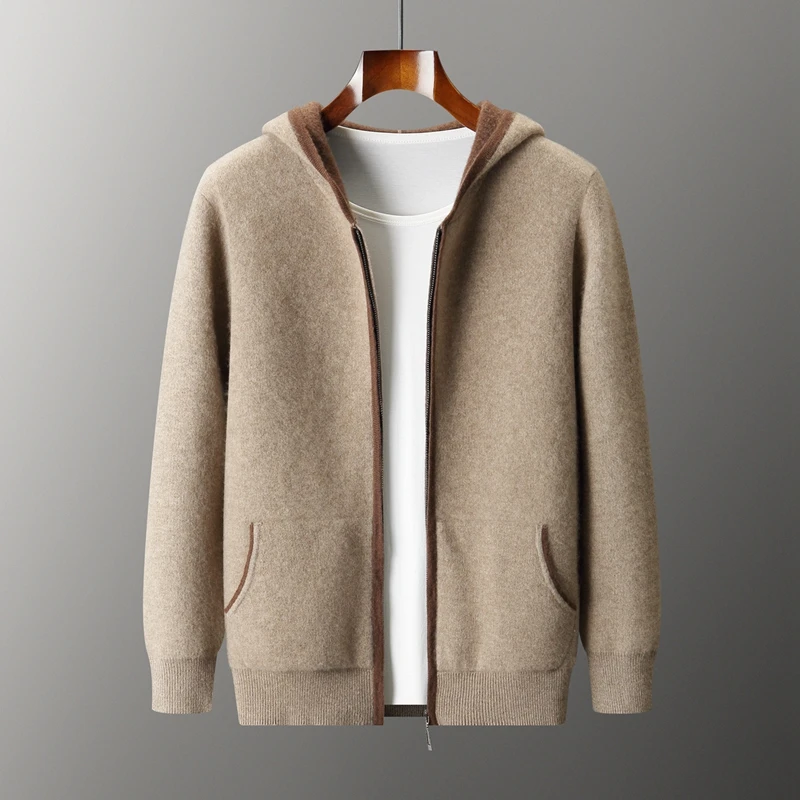 Autumn Winter New 100% Cashmere Sweater Hooded Zipper Cardigan Men's Air Layer Thickened Color Block Knitted Sweater Jacket