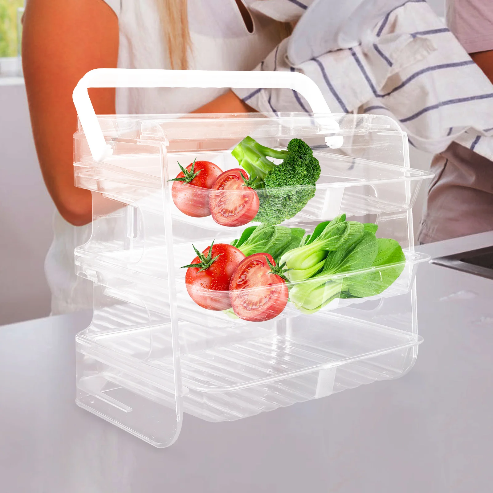 

Three-Tier Food Preparation Plate Rack Multi-Layer Kitchen Storage Organizer Transparent Drawer-Style Food Tray Holder