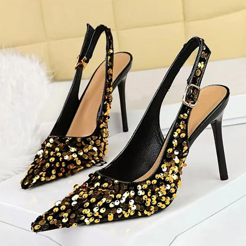 Liyke Fashion Gold Sequined Ankle Strap Women Pumps Elegant Pointed Toe Slingbacks Stiletto High Heels Wedding Prom Shoe Rozmiar 43.