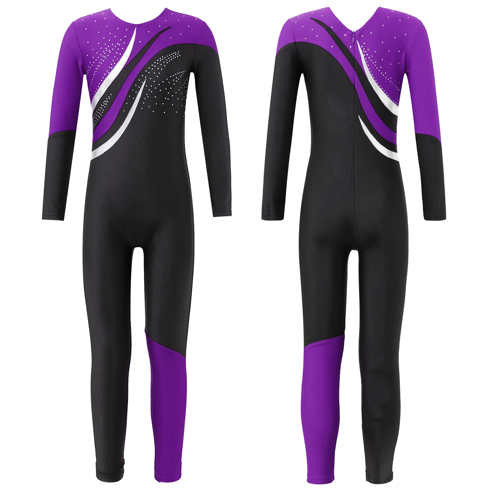 

Kids Girls Ballet Leotards Costume Long Sleeve Rhinestone Gymnastics Leotard Jumpsuit Full Body Suit Class Training Dance Wear