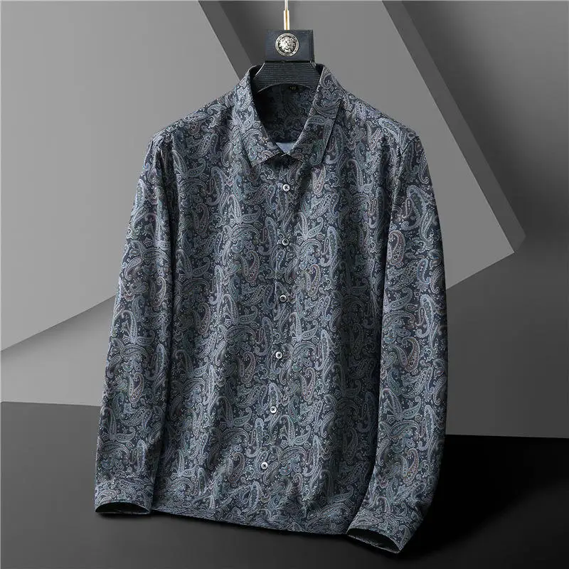 

Мужская рубашка больших размеров с длинным рукавом, с цветочным принтом, свободного кроя, повседневная, весна-осень, из искусственной кожи, с принтом, деформируемая, стандартной толщины