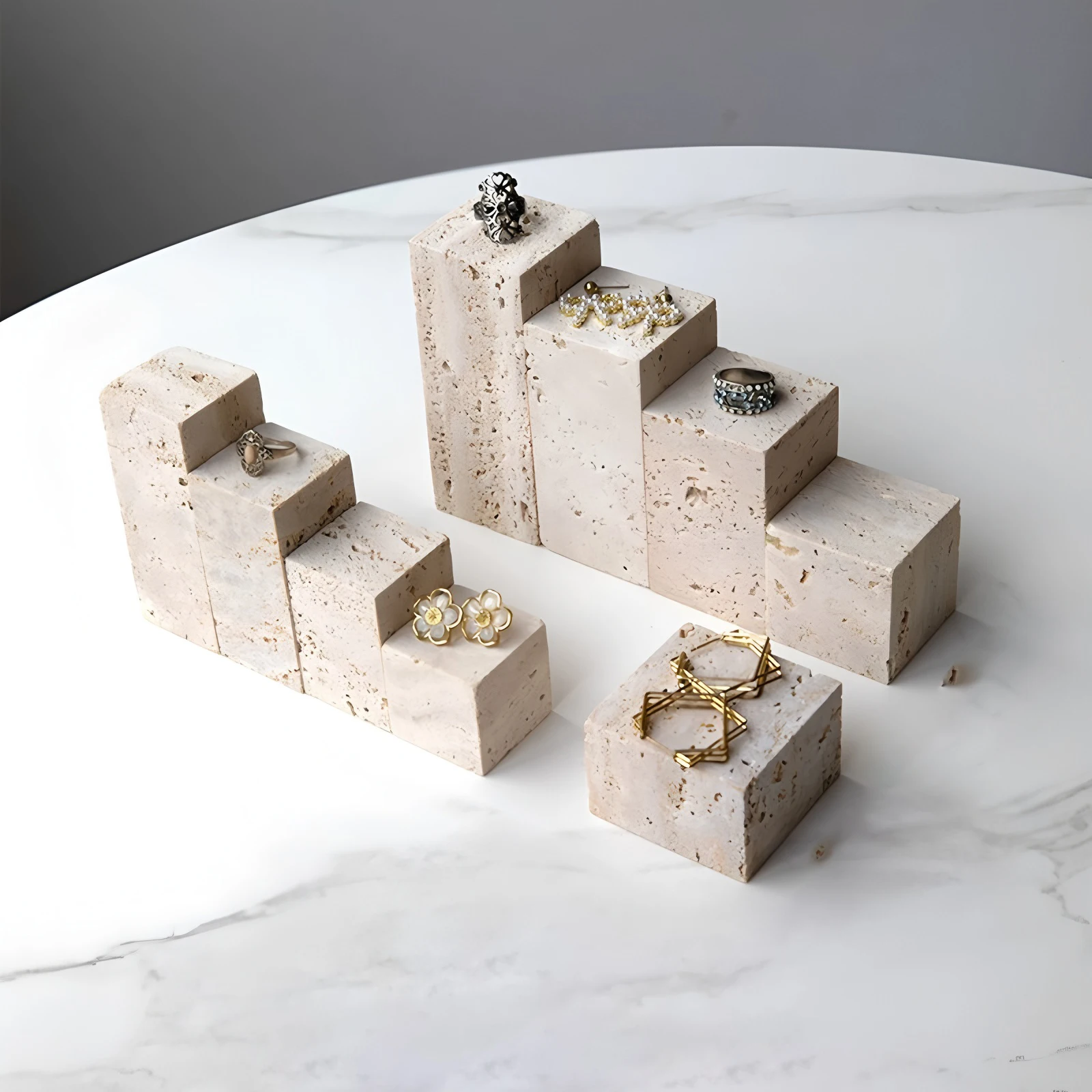 Natural Travertine Stone Vanity Tray, Multi-use Jewelry Holder Earring Display Coasters Decorative Cube Bookends Door Stopper