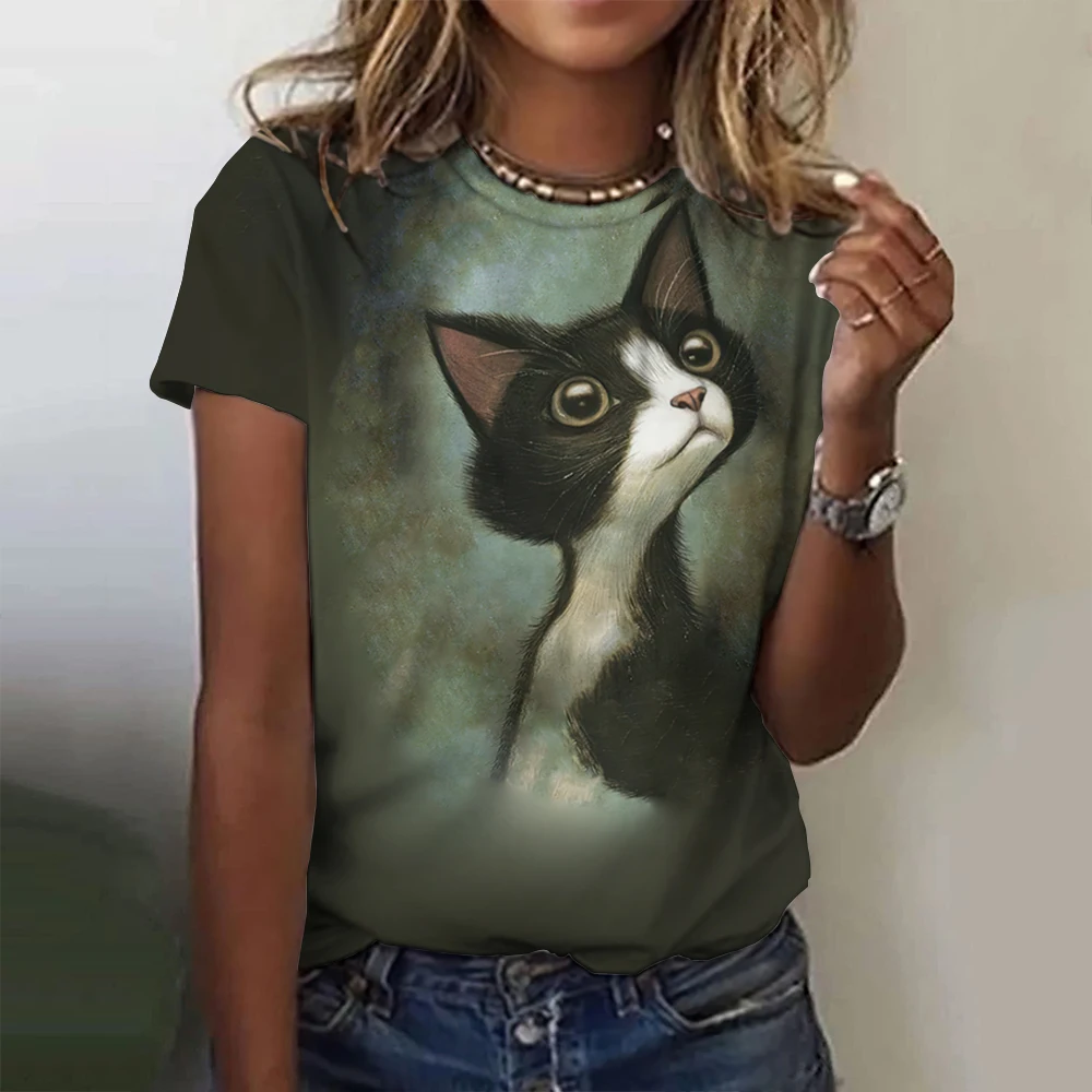 Lovely Cat Print Women O-Neck T-Shirts Kawaii Style Pullover Loose Short Sleeves Oversized Tee Shirt Summer Female Clothing 2024