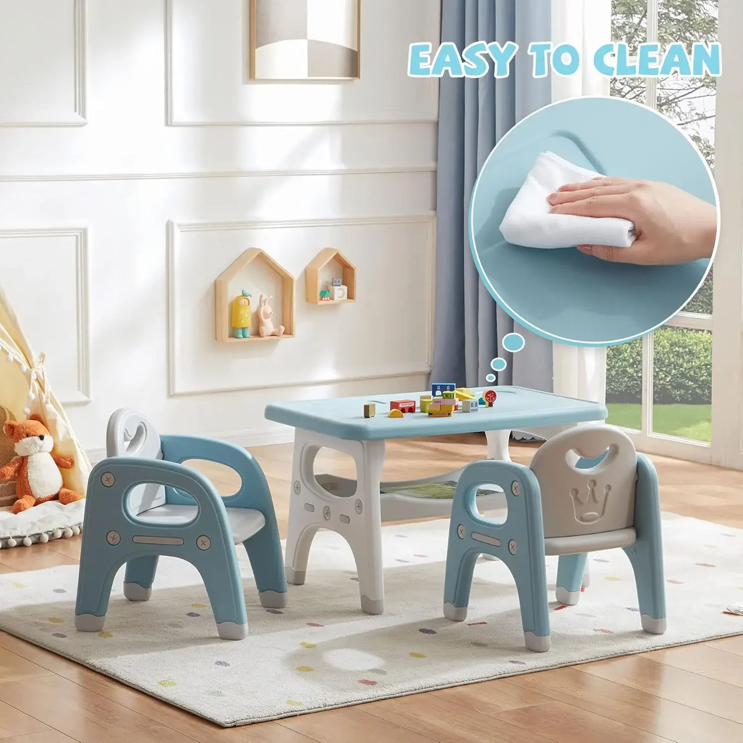 Kids and 2 Chairs Set, Large Built-in Storage, Montessori Toddlers Table and Chairs Set, Kids Activity Table for Drawing Dining