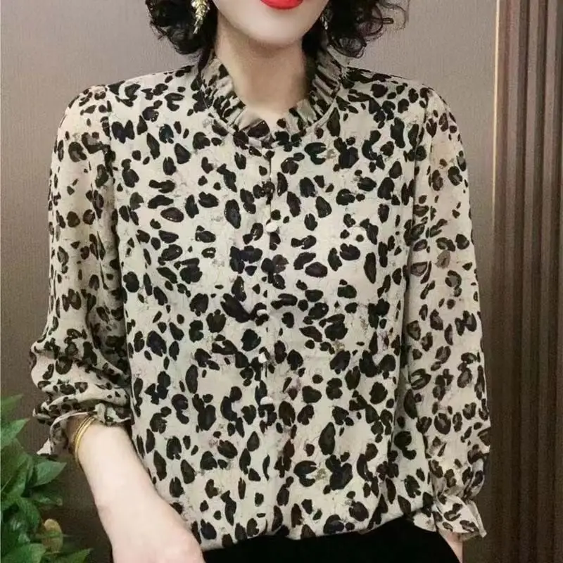 Summer New Shirt Fashion Elegant Spliced Printed Ruffles Button Commute Loose Crew Neck 3/4 Sleeve Women Pullover Chiffon Blouse