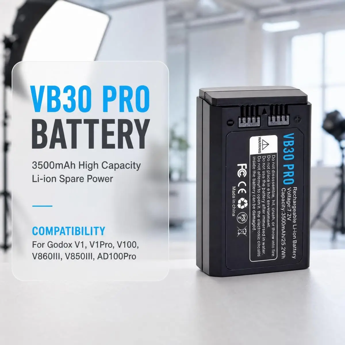 VB30 Pro Replacement Battery For Godox V1, V1Pro, V100, V860III, V850III, AD100Pro Camera Photography Flash Spare Battery Pack