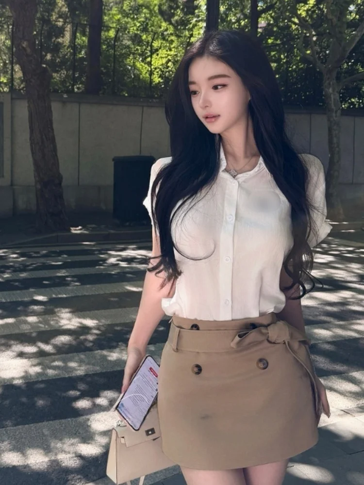 Elegant Summer Outfit Women's Embroidered Shirt And High Waist Skirt Two Piece Set Casual Versatile  Pattern Linen Blend