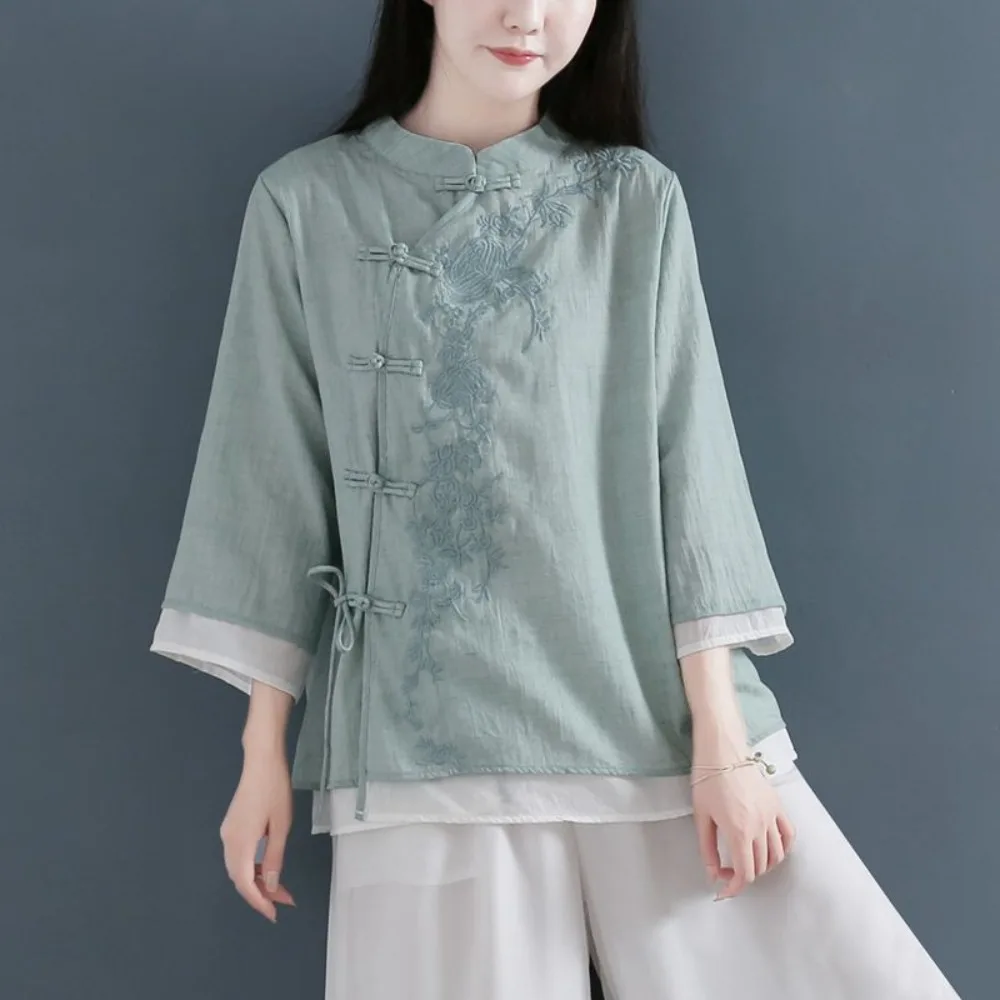 Women's Spring Summer Chinese Style Hanfu Shirt, Retro Embroidery Frog Button Oblique Placket Cotton Linen Top Plus Size