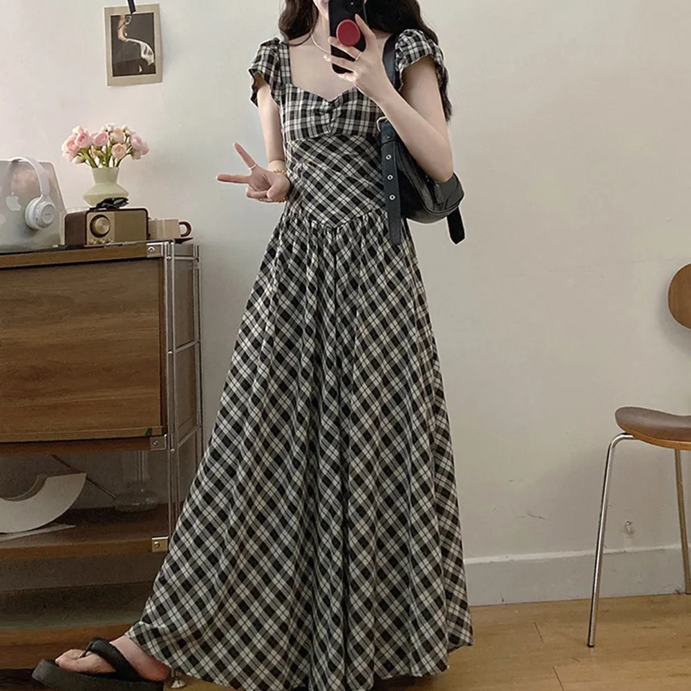 plus Size Hot Girl Bal Plaid Long Dr Summer High Waist Design Ankle Length Vintage Gathered Waistline ort Sve