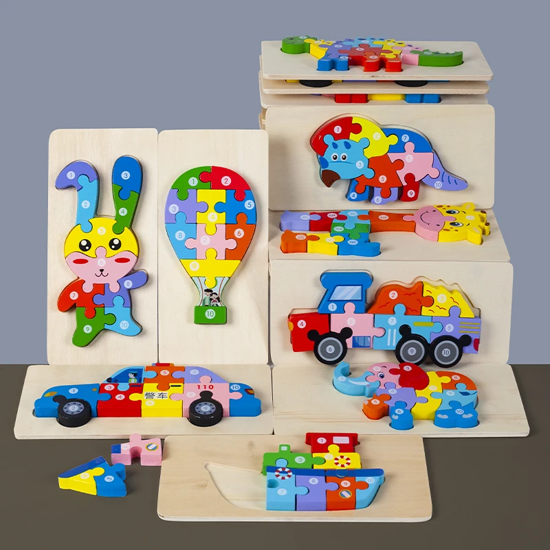 Rectangle Wooden Puzzle for Kids Animals Vehicles Pattern Colorful Wood Numbered Puzzles For Toddlers Learning Educational Toys