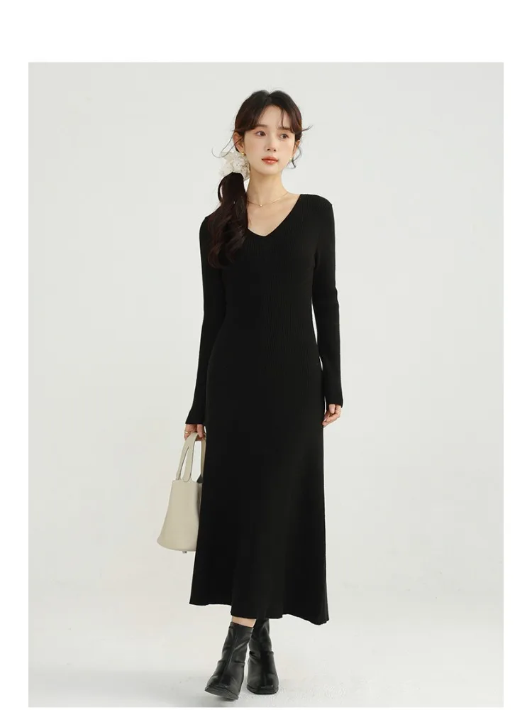 Vestido de malha feminino fino com decote em v, outono inverno, manga comprida, bodycon, midi, suéter, elegante, cintura, linha a, roupa de camada interna