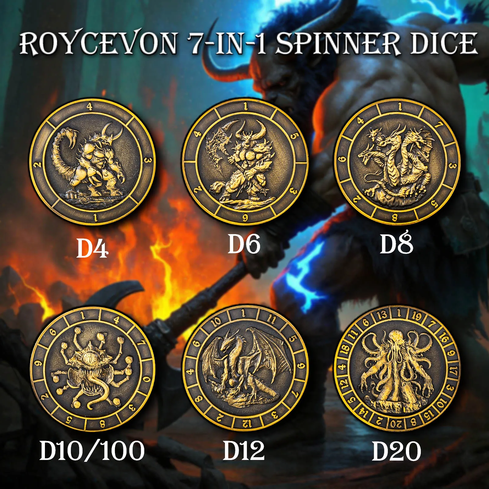 نرد دوار 7 في 1 للزنزانات والتنين، مجموعة نردات معدنية متعددة السطوح ثلاثية الأبعاد مع صندوق، نرد D&D للعب الأدوار RPG #4