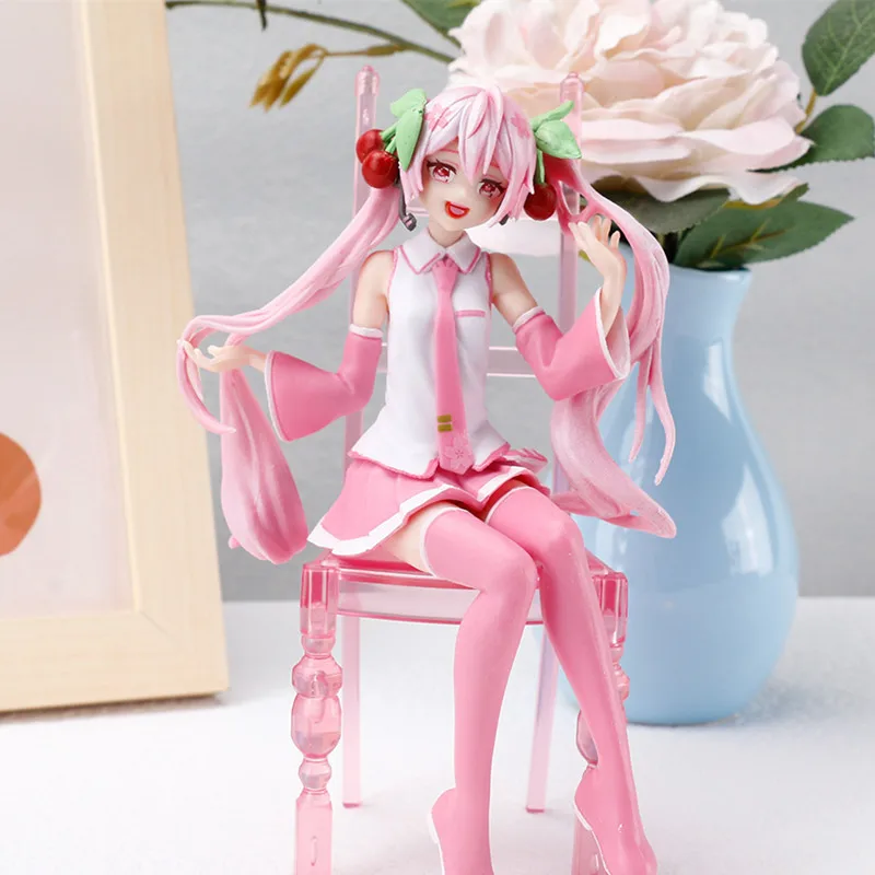 Japanese Anime Seated Posture Pink Hatsune Miku Figure Character Ornaments Kawaii Car Decoration Collectible Model Gift