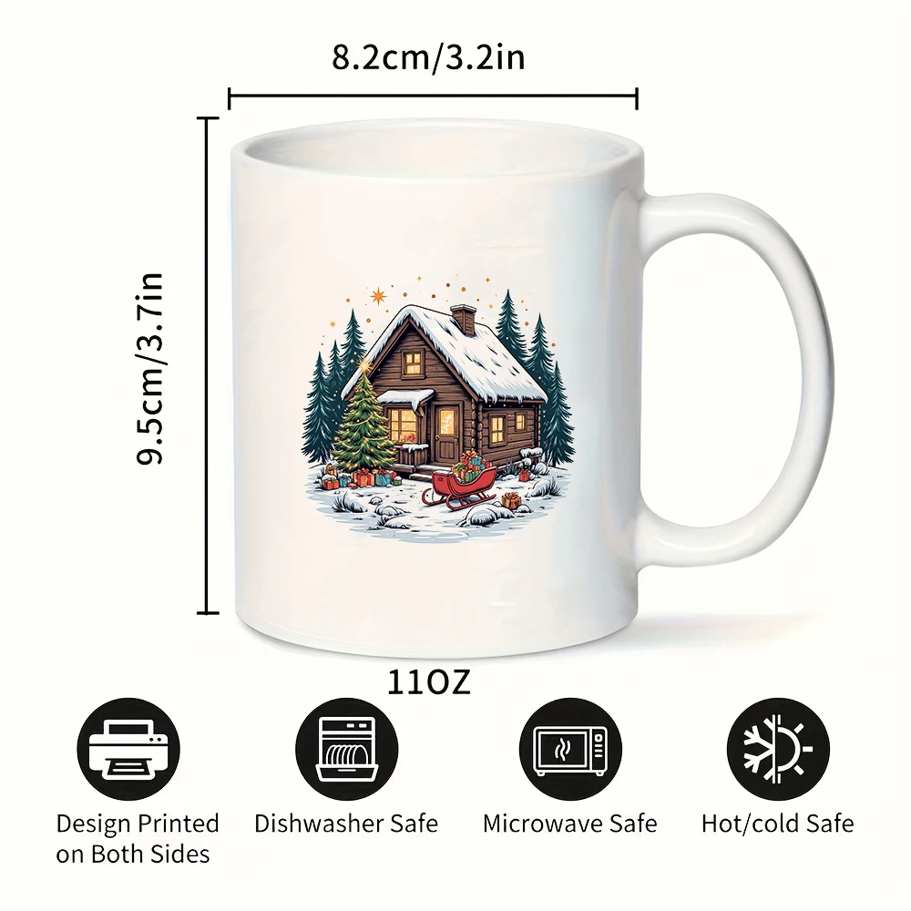 Taza de 11oz, cabaña navideña de dibujos animados, árbol iluminado, caja de regalo colorida, trineo, acogedor regalo de Navidad para niños, familia, oficina, Cof