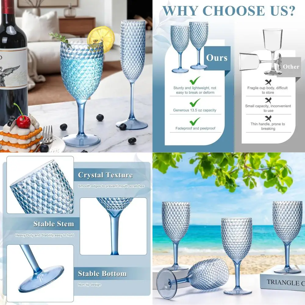 

Set of 24 Reusable 13.5oz Blue Acrylic Wine Glasses with Long Stems for Weddings, Parties, and Restaurants
