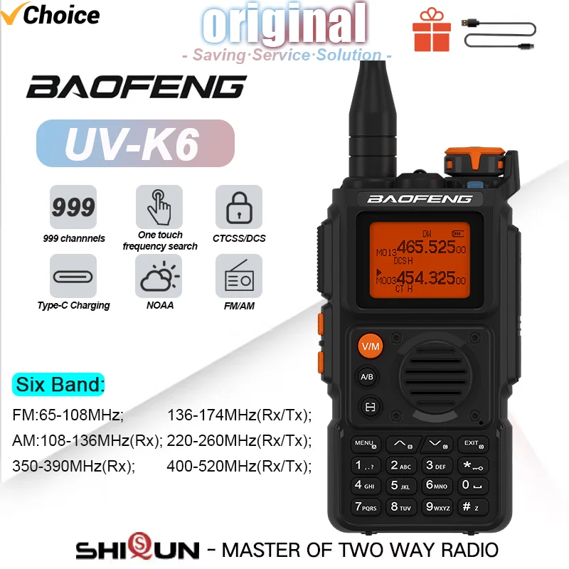 Baofeng UV-K6 walkie talkie air band radio USB-C aufladen uhf vhf sechs band 2600mah dimf fm noaa