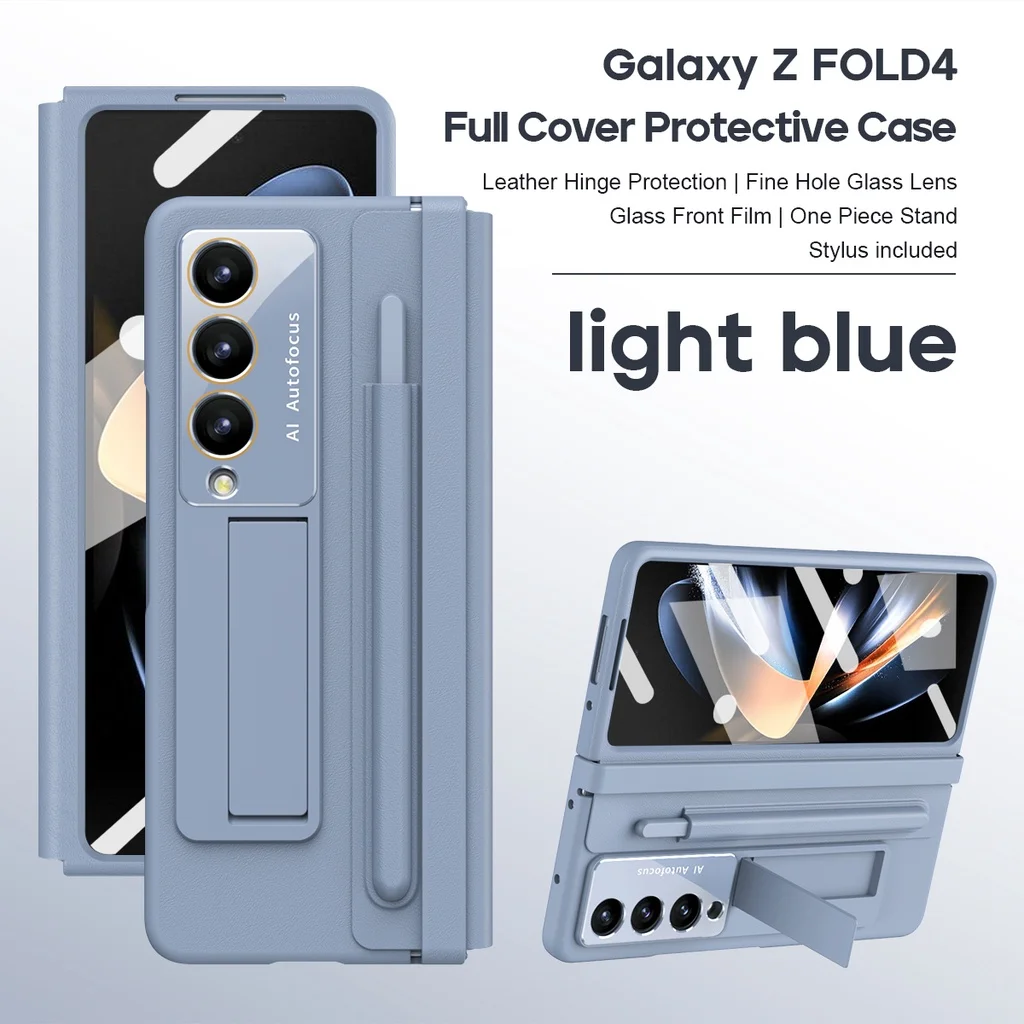 

With S Pen Holder For Samsung Galaxy Z Fold 5 Fold 4 5G PU Leather Case Hinge With Bracket Screen Film Full Protector Cover