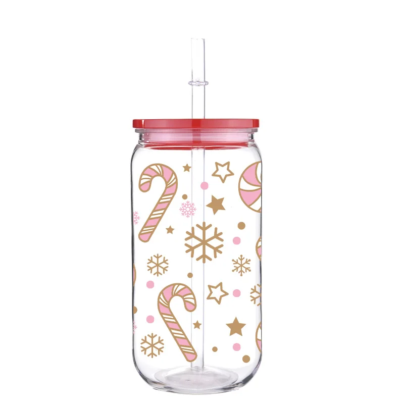 Christmas 16oz Printed PET Cup With Straw Red Lid Colorful Cartoon Design Can Hold Coffee Milk Water Multi Functional Cup image 2